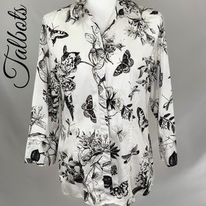 TALBOTS FLORAL BUTTERFLY 3/4 SLEEVE BUTTON UP TOP